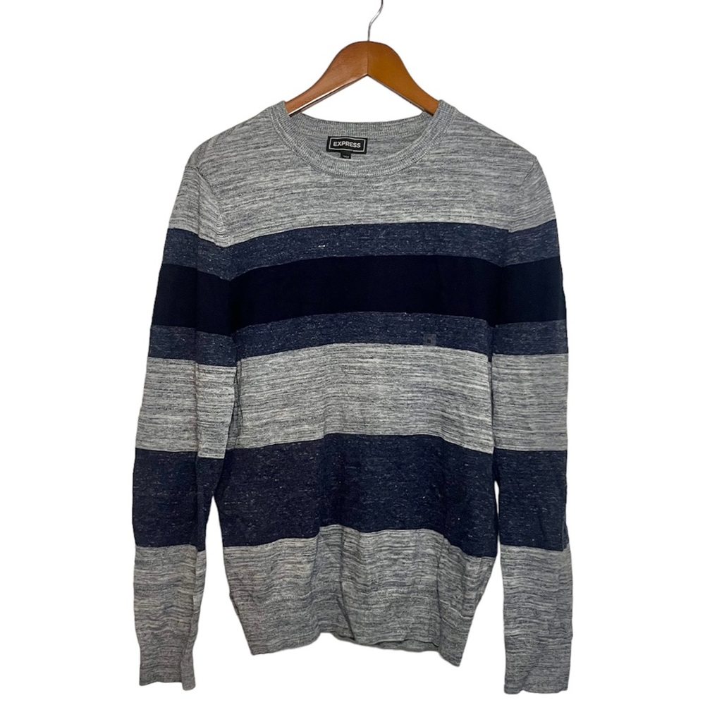 NWT Express Mens Crew Neck Striped Knit Sweater Top Grey Navy Blue - Picture 1 of 11